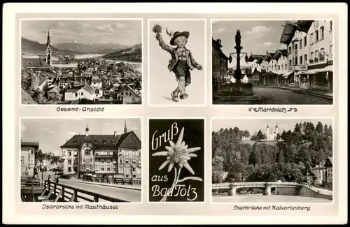 Bad Tölz Mehrbildkarte mit Isar-Brücke, Kalvarienberg, Marktplatz 1960
