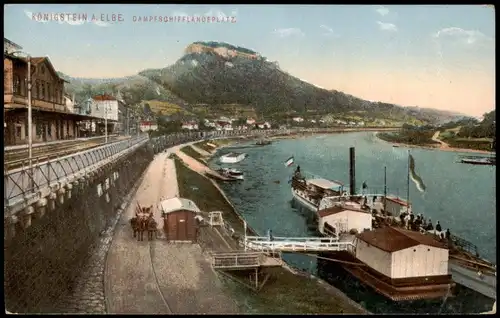 Ansichtskarte Königstein (Sächsische Schweiz) Bahnhof Elbdampfer 1915  gel. 1943