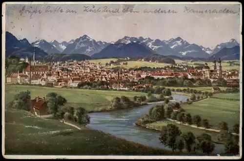 Kempten Allgäu Stadt Künstlerkarte 1934  gel. Bahnpopststempel Augsburg Lindau