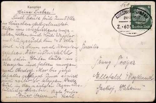 Kempten Allgäu Stadt Künstlerkarte 1934  gel. Bahnpopststempel Augsburg Lindau