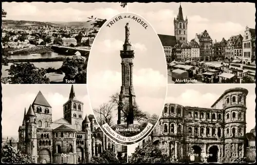 Trier Mehrbildkarte mit Dom, Mariensäule, Marktplatz, Porta Nigra 1960