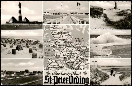 Ansichtskarte St. Peter-Ording Leuchtturm, Strandkörbe, Wellengang 1963