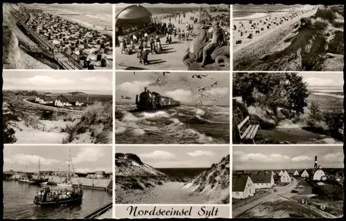 Ansichtskarte Sylt Strand, Dampflok, Straße, Hafen 1961