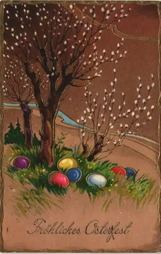 Präge-Künstlerkarte Weidenkätzchen Ostereier Ostern / Easter 1932 Goldrand