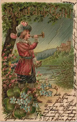Behüt doch Gott Trompeter Kleeblätter Glückssymbol 1905 Goldrand/Prägekarte
