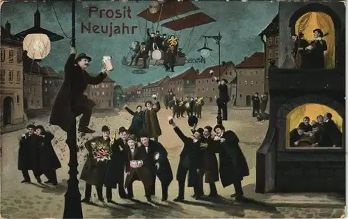 Ansichtskarte  Neujahr Sylvester New Year feiernde Männer Scherzkarte 1912