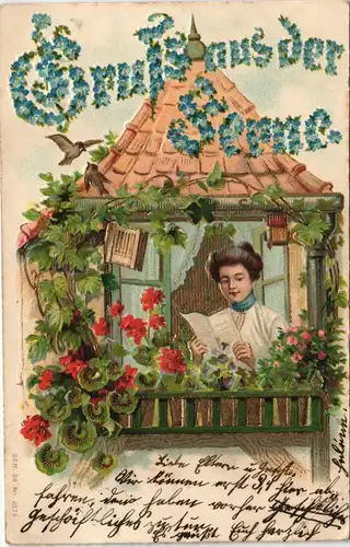 Frau im Haus, Feilchen - Gruss aus der Senne 1905 Goldrand/Prägekarte