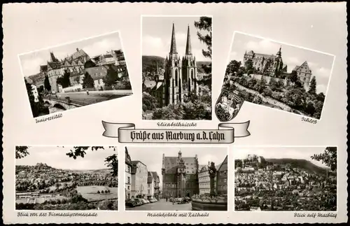 Ansichtskarte Marburg an der Lahn Mehrbildkarte mit 6 Ortsansichten 1955
