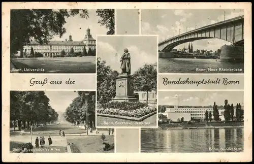 Bonn Mehrbildkarte mit 5 Foto-Ansichten u.a. Beethoven-Denkmal 1950