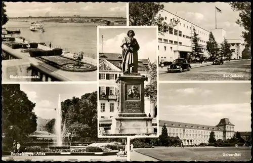 Ansichtskarte Bonn Mehrbildkarte mit 5 Foto-Ansichten u.a. Universität 1954