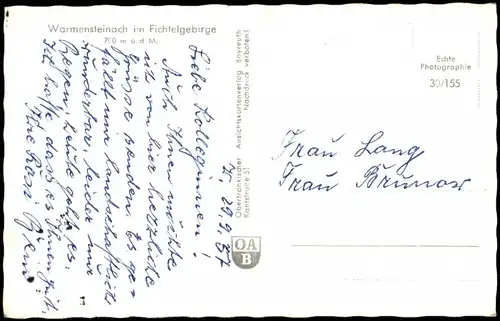 Ansichtskarte Warmensteinach Panorama-Ansicht; Fichtelgebirge 1957