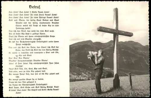 Ansichtskarte  Liedkarte "Betruf" Bergwelt mit Bergkreuz 1950