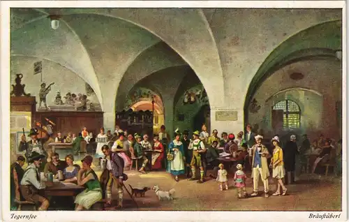 Ansichtskarte Tegernsee (Stadt) Bräustübl - Gastsaal - Künstlerkarte 1928