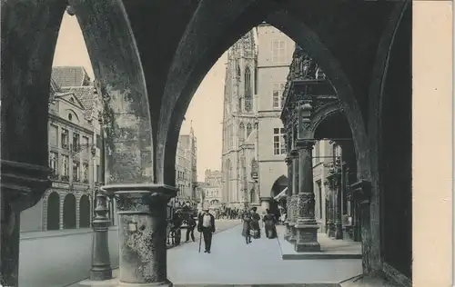 Ansichtskarte Münster (Westfalen) Laubengang belebt - Lambertikirche 1912