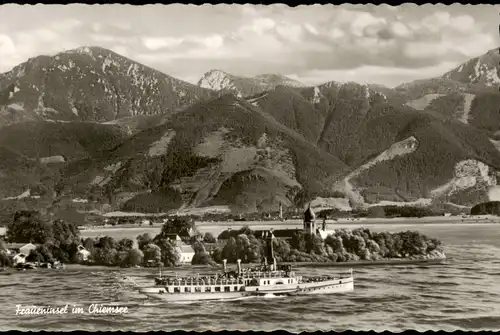 Ansichtskarte Chiemsee Fahrgastschiff passiert die Fraueninsel Chiemsee 1967