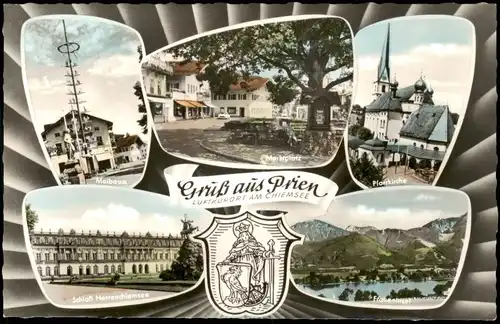 Prien Mehrbildkarte u.a. mit Marktplatz Maibaum Pfarrkirche 1960