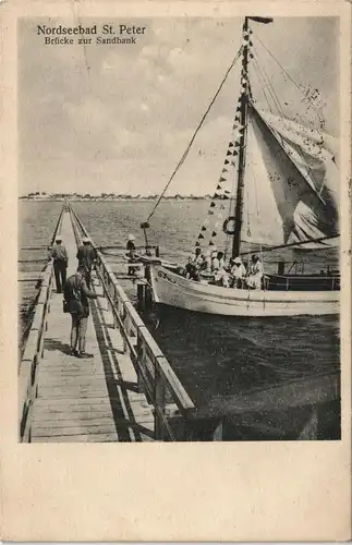 Ansichtskarte St. Peter-Ording Seebrücke zur Sandbank, Segelboot 1934