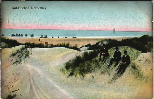 Ansichtskarte Norderney Strand. Männer in den Dünen 1907