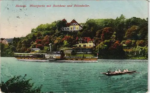 Ansichtskarte Hameln Weserpartie mit Bootshaus Felsenkeller Dampfer 1926