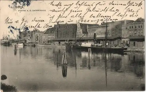 Ansichtskarte Lübeck Partie an der Untertrave, Dampfer 1910