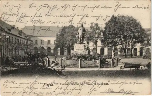 Ansichtskarte Siegen Unteres Schloss, Bismarckdenkmal 1905