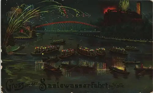 Ansichtskarte Halle (Saale) Moritzburg Saalewasserfahrt - Feuerwerk 1916