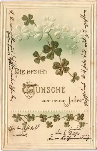Weihnachten und Neujahr, Kleeblatt Ornament 1904 Goldrand/Prägekarte