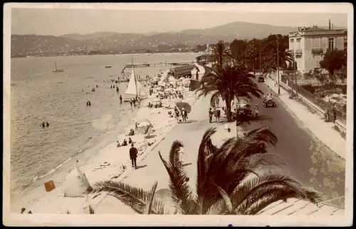 CPA Juan-les-Pins Strandpromenade, Palmen, Segelboot 1926