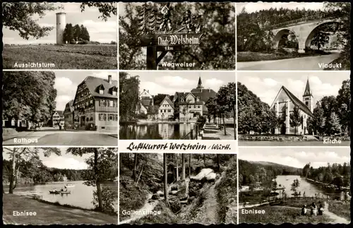 Welzheim Mehrbild-AK mit Wegweiser, Viadukt, Kirche, Rathaus uvm. 1963