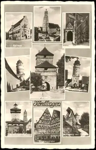 Nördlingen Mehrbild-AK mit Georgskirche, Rathaus, Apotheke u. Toransichten 1986