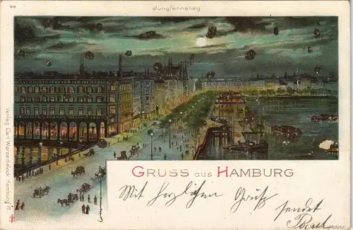 Ansichtskarte Hamburg Jungfernstieg bei Nacht, Mondschein 1904