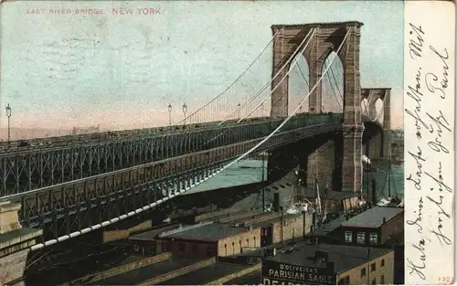 Postcard New York City EAST RIVER BRIDGE 1907  gel. Stempel Hamburg No. 1