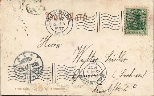 Postcard New York City EAST RIVER BRIDGE 1907  gel. Stempel Hamburg No. 1