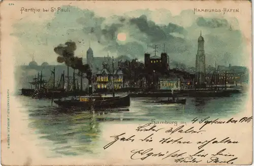 Ansichtskarte Hamburg Litho. Hafen Dampfer bei Mondschein 1905