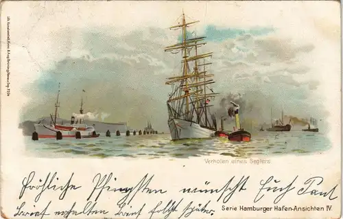 Ansichtskarte Litho AK Hamburg Verholen eines Seglers. Hafen 1903
