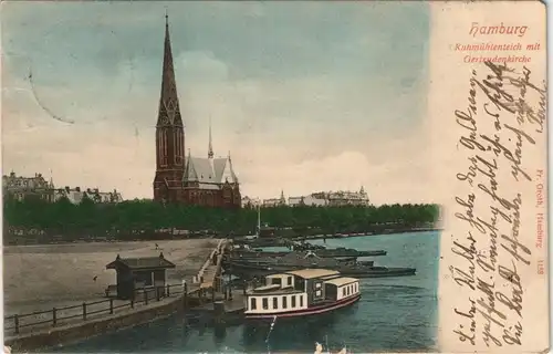 Hamburg Kuhmühlenteich mit Gertrudenkirche, Anleger u. Schiff 1902