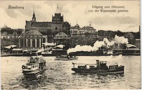 St. Pauli-Hamburg Eingang   Elbtunnel, von der Wasserseite gesehen Dampfer 1913