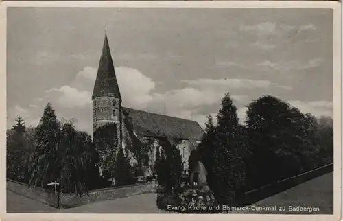Ansichtskarte Badbergen Evang. Kirche und Bismarck-Denkmal 1938