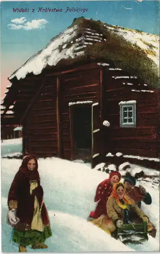 Postcard Polen Polska Polen / Polska Kinder vor Hütte im Winter 1917