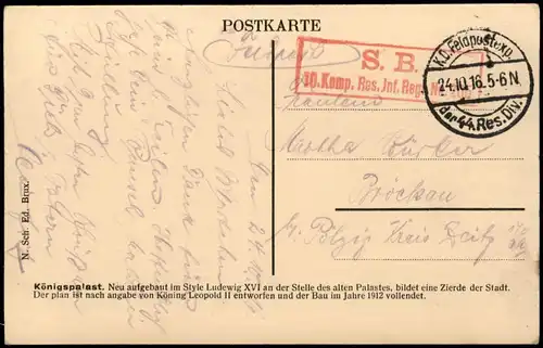 Postkaart Brüssel Bruxelles Königspalast Palais Royal 1916   1. Weltkrieg als deutsche Feldpost gelaufen