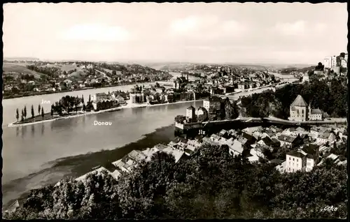 Ansichtskarte Passau Zusammenfluß Donau, Inn und Ilz aus der Vogelschau 1961