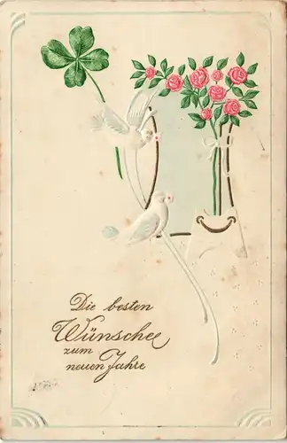 Ansichtskarte  Jugendstil, Kleeblatt, Rosen - Tauben 1907 Goldrand/Prägekarte