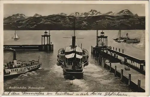 Ansichtskarte Friedrichshafen Hafenausfahrt, Dampfer - Fotomontage 1929