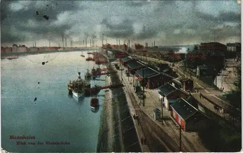 Ansichtskarte Mannheim Hafen im Hintergrund BASF 1916  gel. Feldpost