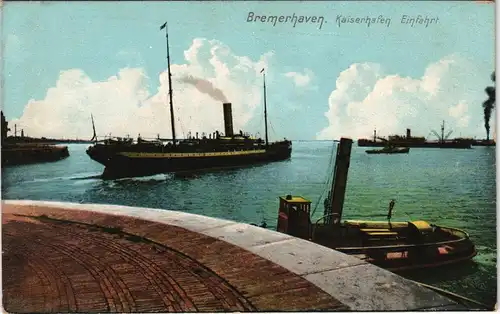 Bremerhaven Kaiserhafen Einfahrt. Schiffe/Schifffahrt - Dampfer 1909