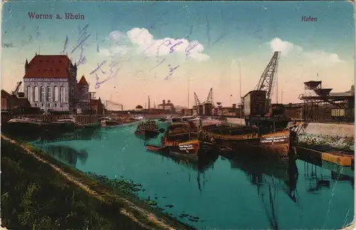 Ansichtskarte Worms Hafen, Kräne 1917  gel. Feldpost