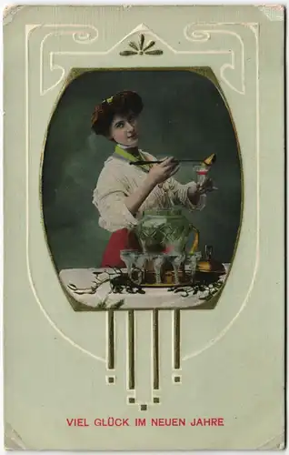 Neujahr Sylvester New Year Feuerzangbowle Frau Jugendstil 1912 Prägekarte