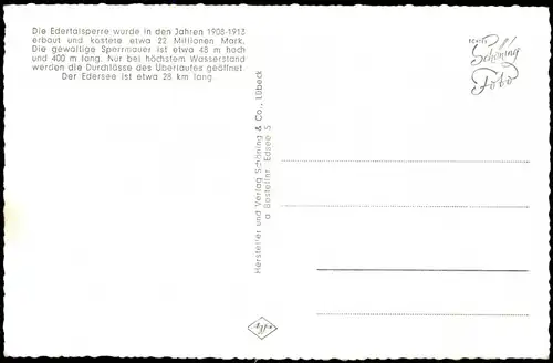 Ansichtskarte Hemfurth-Edersee-Edertal Edertalsperre Sperrmauer Edersee 1960