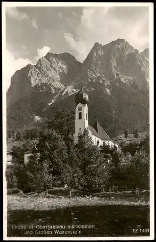 Grainau Kirche Obergrainau mit Kleinen und Großen Waxenstein 1954