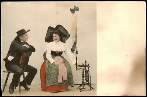 Ansichtskarte  Elsäßer Typen Elsaß Mann Fraz Spinnrad 1908